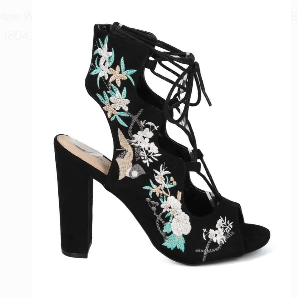 NWOB Faux Suede Peep Toe Embroidered Heel Bootie - Picture 2 of 6